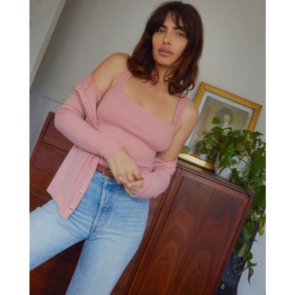 Nation LTD Nona 2 Piece Brushed Snap Cardigan Tank Set Primrose Pink Size Medium